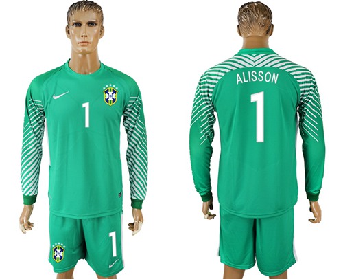 Brazil #1 Alisson Green Goalkeeper Long Sleeves Soccer Country Jersey - Click Image to Close